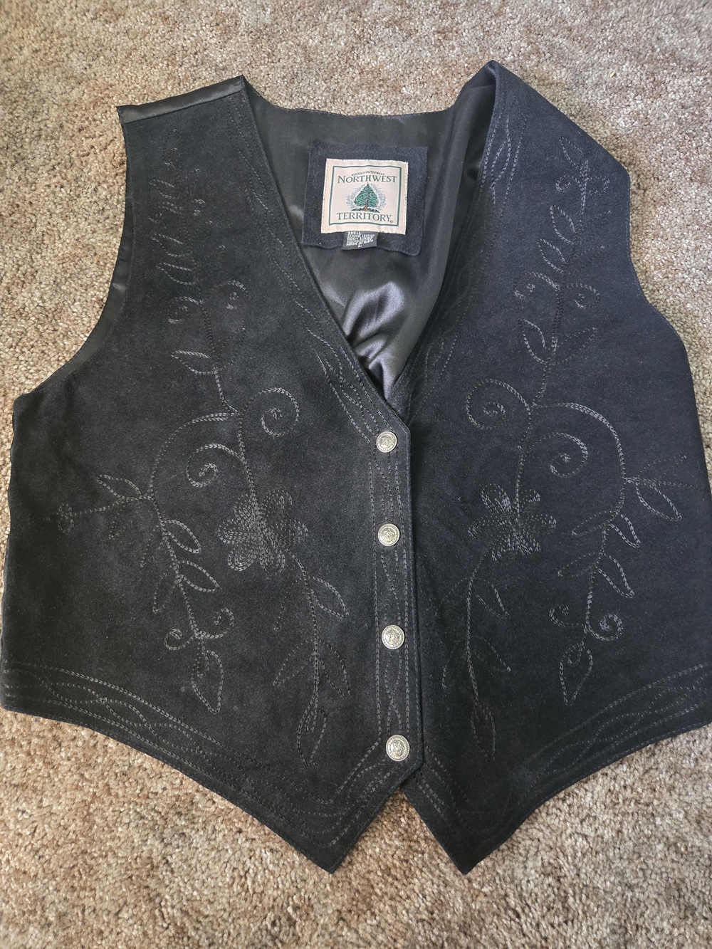 Northwest Territory Black Suede Embroidered Button Vest